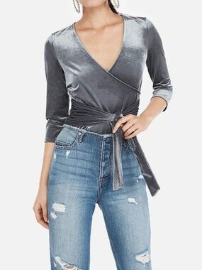 Express Velvet Wrap Tie V-Neck Top — Silver